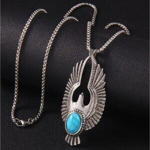 Silver Tone Bird Eagle Peyote Pendant Necklace With Imitation Turquoise